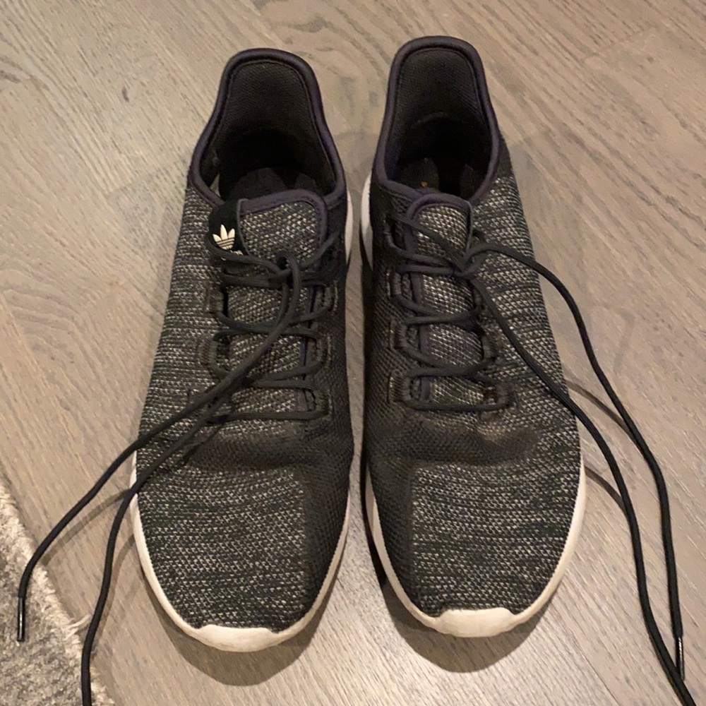 Grey & black fabric adidas, size 10.5 men’s. White soles.